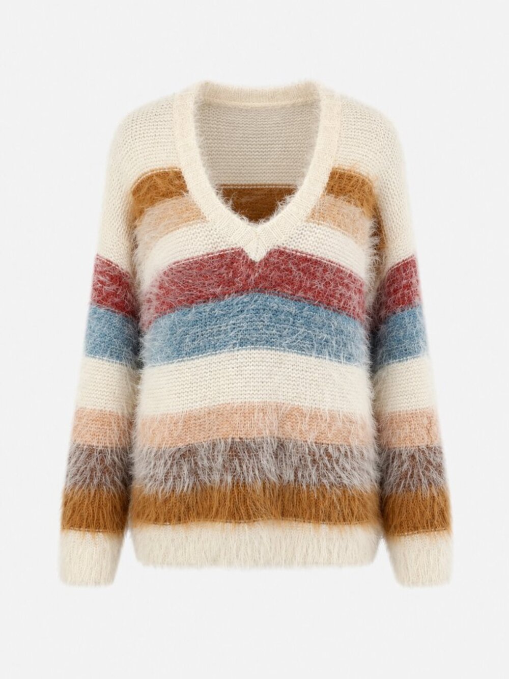 Altar'd State Fuzzy Mohair Knit Striped V-Neck Sweater Multicolor Oversized XS